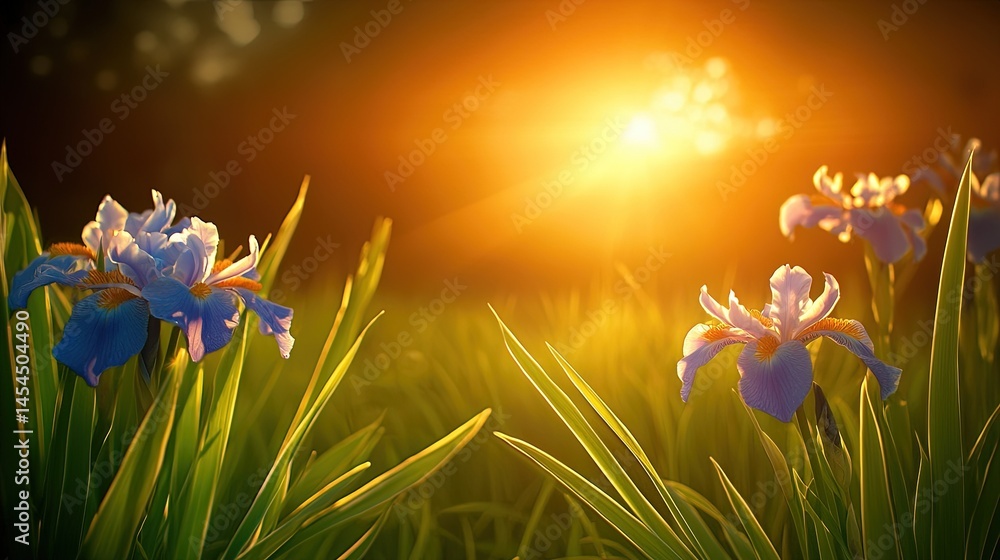 Sunrise over a meadow of vibrant irises.
