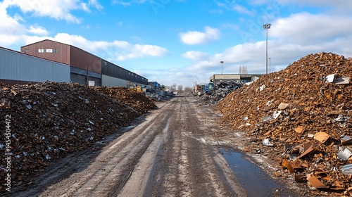 Sprawling scrap yard landscape with piles of recycled metal under bright sky