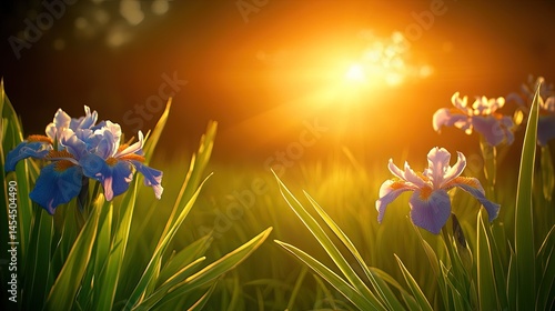 Obraz na płótnie Sunrise over a meadow of vibrant irises. w salonie