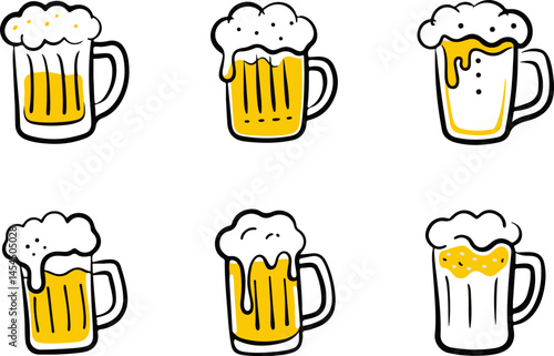 Cartoon Beer Mugs Vector Set – Fun Hand-Drawn Beer Glass Icons