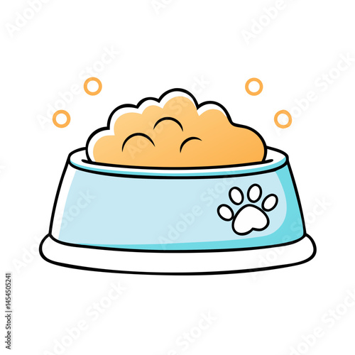 Illustration of a light blue pet bowl filled with tan dry food