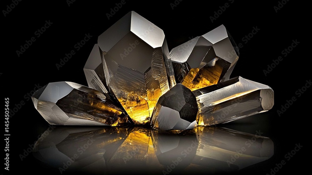 Sparkling dark crystals clustered on a reflective surface.