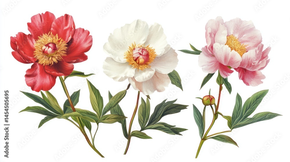 Three vibrant peonies in red, white, and pink, with green leaves and buds, isolated on white background. Three vibrant peonies in red, white, and pink, with green leaves and buds, isolated on white background.