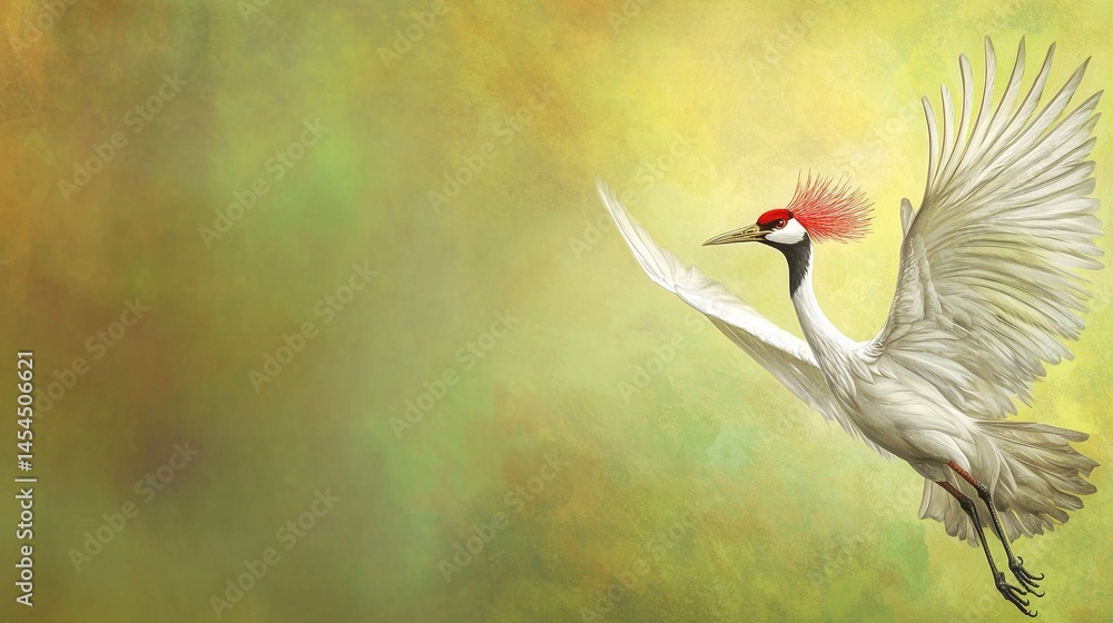 A graceful crane in flight against a soft, pastel backdrop.