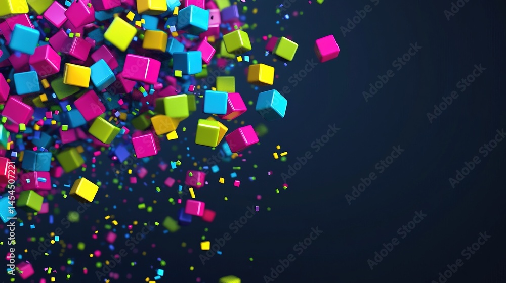 Colorful cubic shapes exploding in a dynamic display.