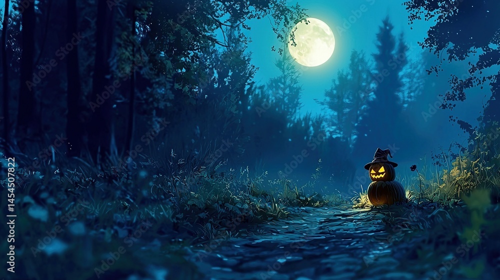 Illuminated pumpkin in a mystical forest path at night.