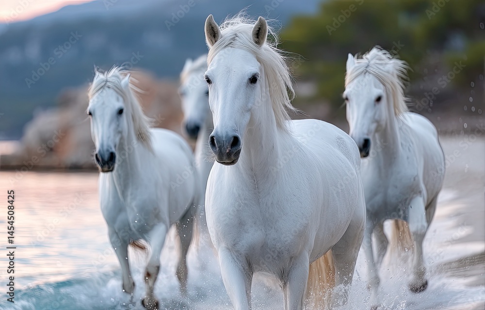 Fototapeta premium Five white horses running on the beach at sunset