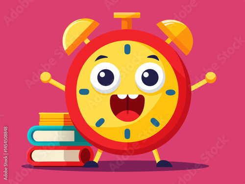 Wallpaper Mural Happy Cartoon Alarm Clock Character with Stack of Books Torontodigital.ca
