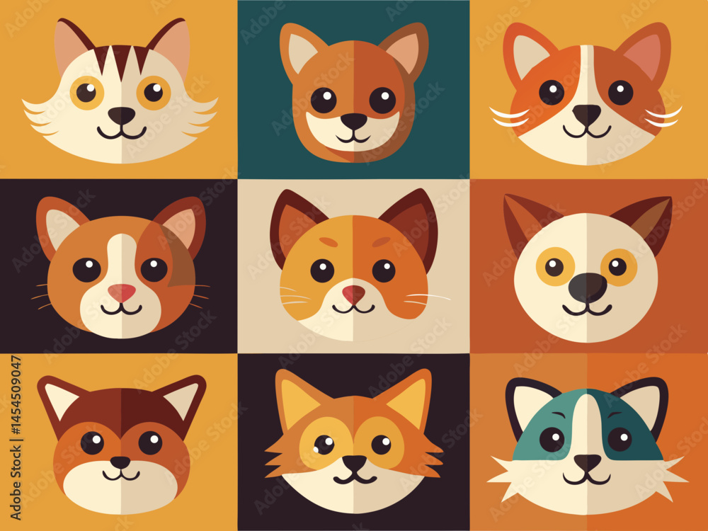 Fototapeta premium Nine Adorable Flat Design Pet Faces Cats and Dogs