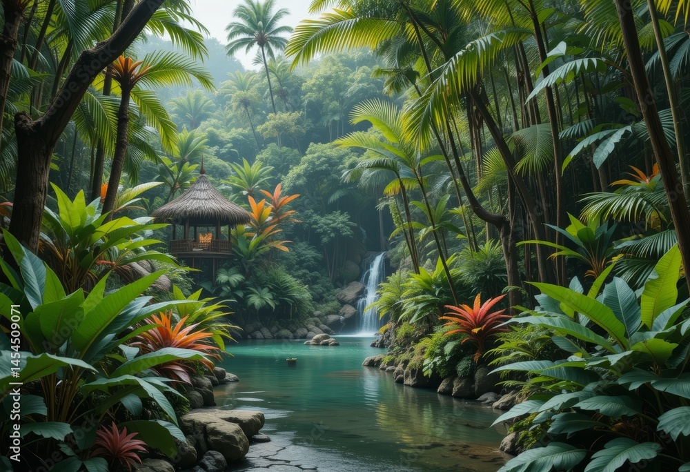 Tropical oasis with diverse flora. illustration. Tropical oasis with diverse flora. illustration.