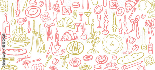 Isolated vector set of hygge cozy homedecor. Decor. Candles, food, restaurant, dishes, baguette, candelabra, France, breakfast, wine, bow, cutlery. Menu and decoration of the party. Hand drawn doodles