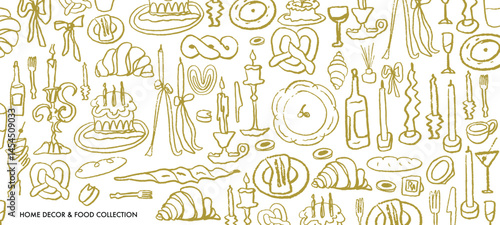 Isolated vector set of hygge cozy homedecor. Decor. Candles, food, restaurant, dishes, baguette, candelabra, France, breakfast, wine, bow, cutlery. Menu and decoration of the party. Hand drawn doodles
