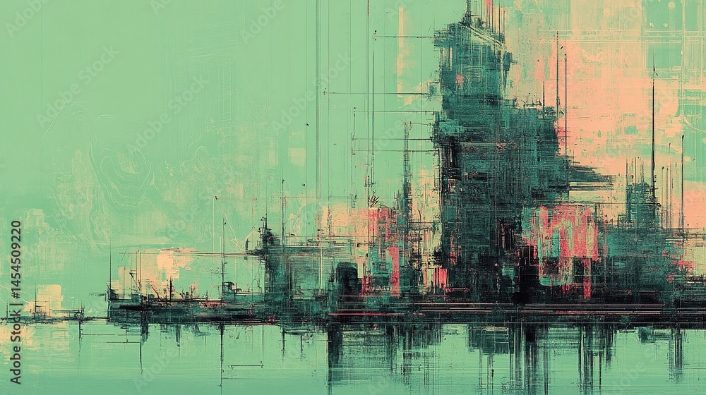 Abstract digital cityscape, muted color palette, textured design.