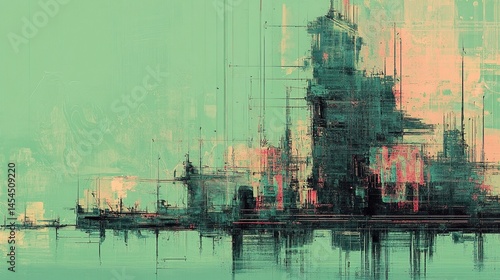Abstract digital cityscape, muted color palette, textured design.