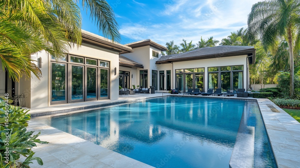 Fototapeta premium Luxury Home Oasis: Exquisite Residence with Sparkling Pool and Tropical Scenery
