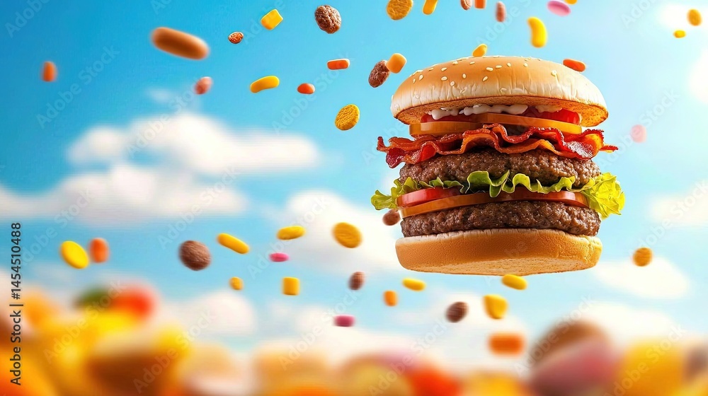 Delicious double burger floating amidst food particles in a vibrant sky.
