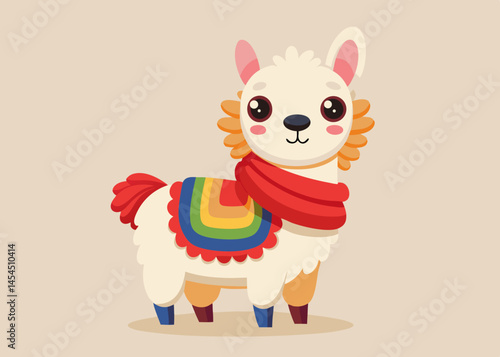 Adorable Cartoon Llama Wearing Rainbow Blanket and Red Scarf