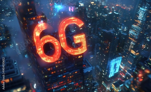都市上空に輝く6Gの文字 夜の光の中で未来的な技術と接続を表現した画像 photo