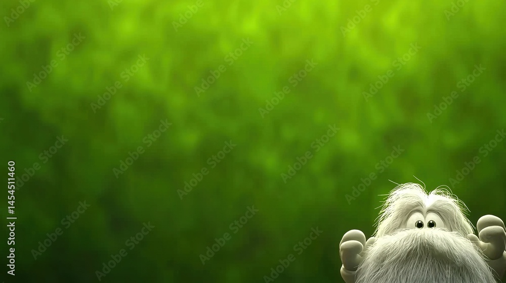 Furry creature gazing upwards against a blurred green backdrop.