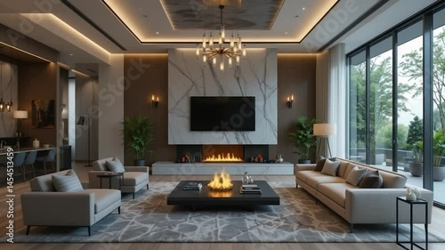 Luxurious living room interior design with fireplace and television showcasing contemporary architecture and furnishings in a modern and elegant residential space