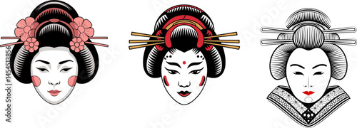Japanese Geisha Face Mask Vector Set – Vibrant Tattoo Style Illustration with Japanese Aesthetic , Maiko face , Traditional kimono lady