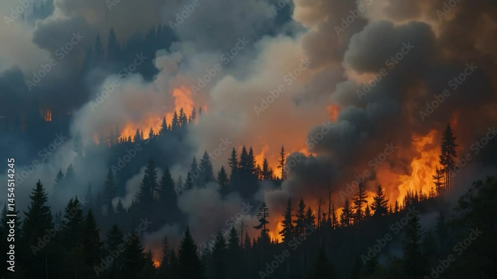 Forest fire burning flames and smoke rising scene depicting destruction and environmental disaster impacting natural ecosystem Forest fire burning flames and smoke rising scene depicting destruction and environmental disaster impacting natural ecosystem