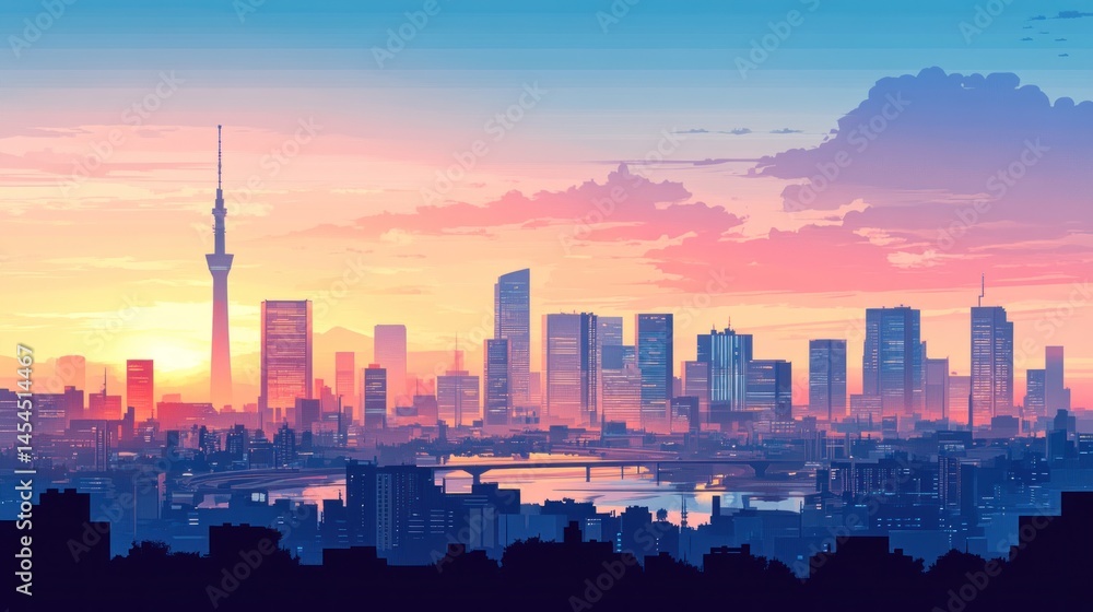 Fototapeta premium Panoramic cityscape at sunrise