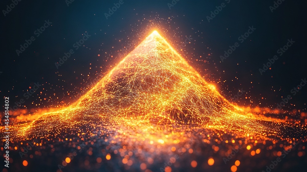 Abstract pyramid structure illuminated by glowing particles.