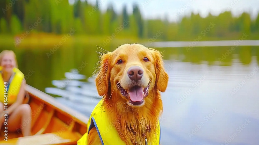 Golden retriever in a life vest on a wooden boat.