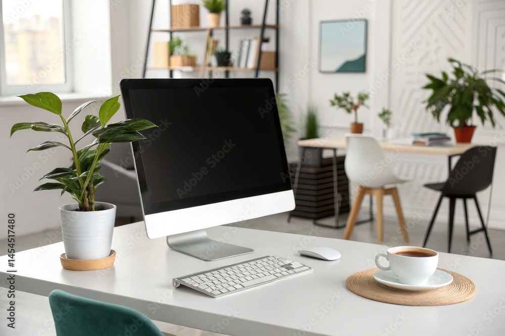 Modern Workspace With Computer, Coffee, and Plants in Bright Room Generative AI Modern Workspace With Computer, Coffee, and Plants in Bright Room Generative AI