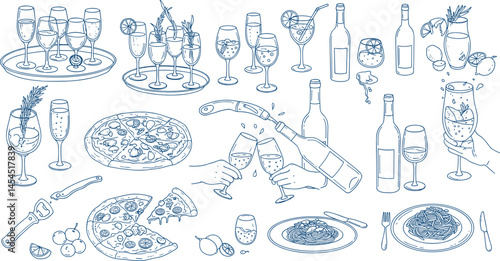 La dolce vita italian sicily style. Hand drawn ink line food and wine or champagne drawings.