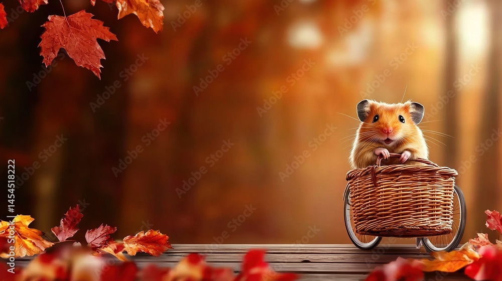 Autumnal scene featuring a rodent in a miniature bicycle basket.