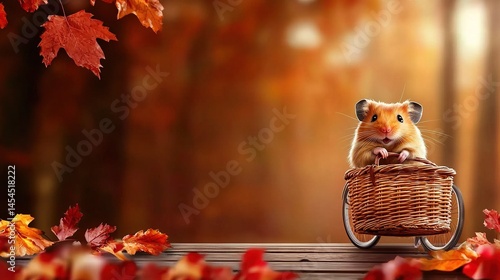 Obraz na płótnie Autumnal scene featuring a rodent in a miniature bicycle basket. w salonie