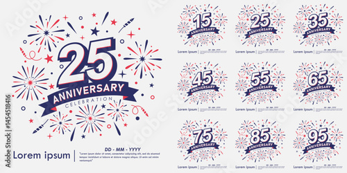 Set of 15-95th years anniversary celebration emblem. anniversary logo isolated with fireworks and stars sparkle and ribbon. vector illustration template design for web, flyers, poster, greeting card