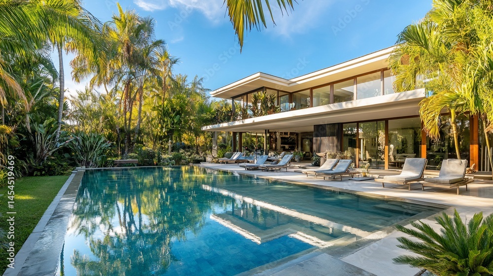 Fototapeta premium Tropical luxury home exterior with reflection in turquoise swimming pool