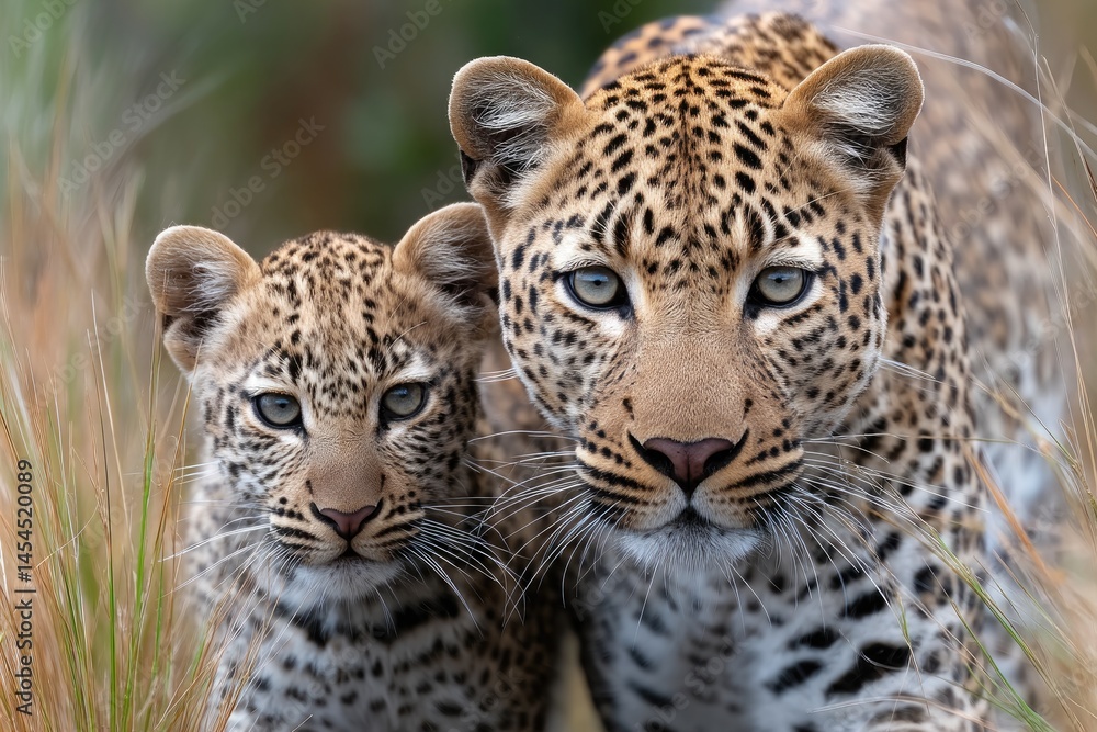Fototapeta premium A mother leopard and her cub walk through the grasslands of Africa