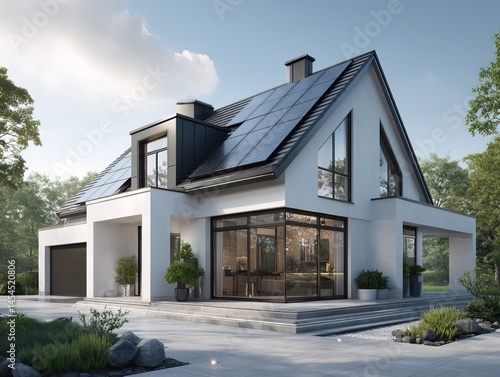 modern house facade with sleek black solar panels integrated into the roof