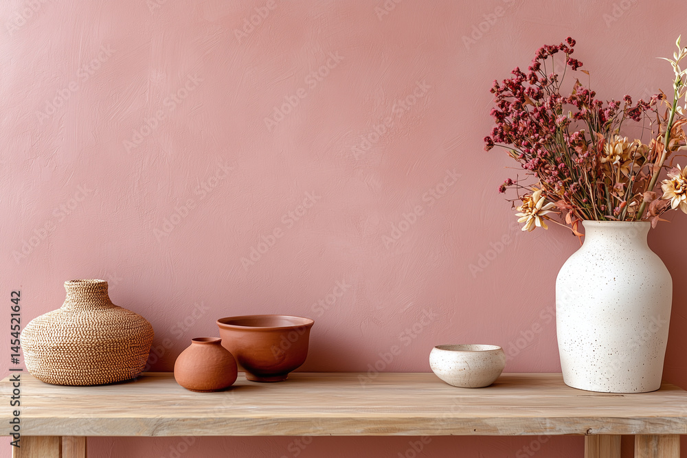 Muted pastel dusty rose wall with decorative vases and dried flowers. arrangement features variety of textures and shapes, creating warm and inviting atmosphere Muted pastel dusty rose wall with decorative vases and dried flowers. arrangement features variety of textures and shapes, creating warm and inviting atmosphere