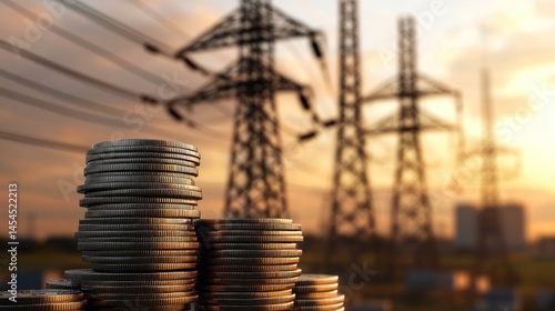 Stacked coins in front of high voltage power lines at sunset.