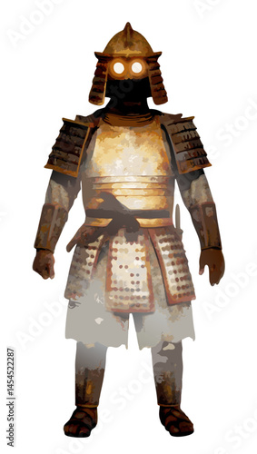 spirit of a dead samurai wearing ancient armor with glowing eyes and ethereal aura, standing silently, horror vector isolated on white background
