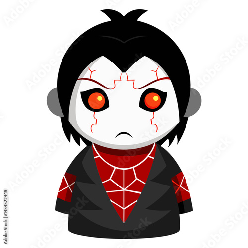 traditional Ichimatsu doll with cracked face and glowing red eyes, eerie expression and black hair, isolated vector on white background

