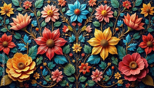 Intricate woven tapestry, rich colors, floral motifs, design element, art, detail