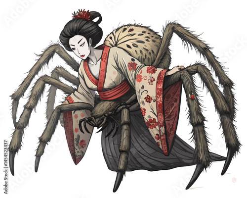 traditional Japanese yokai spider woman with half-beautiful lady, half-giant spider body, seductive and scary, isolated on white, vector style
