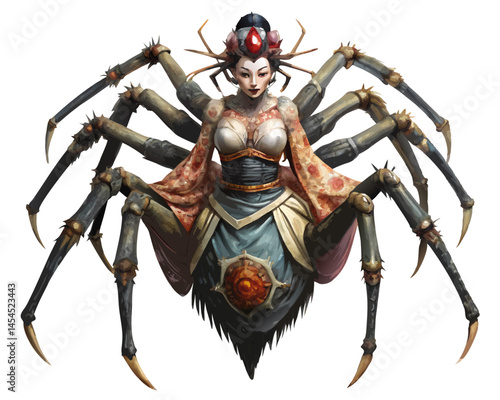 traditional Japanese yokai spider woman with half-beautiful lady, half-giant spider body, seductive and scary, isolated on white, vector style
