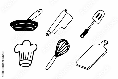 Collection of Hand Drawn Kitchen Utensils and Chef Hat