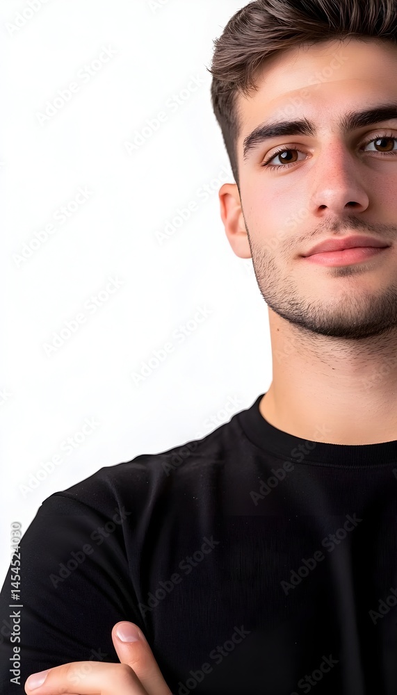 Fototapeta premium Close-up portrait of a young man with dark hair and a subtle smile, wearing a black shirt, against a white background