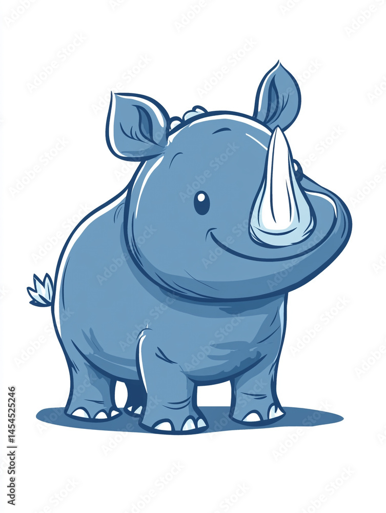Fototapeta premium A cute cartoon baby rhino with big eyes, two horns, and a friendly expression. The blue rhino stands on a light grey shadow, making it visually appealing and charming.