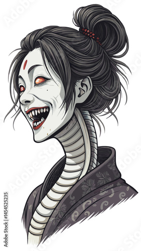 traditional yokai woman with unnaturally stretched neck winding around, pale face and eerie smile, flat horror vector style, isolated on white
