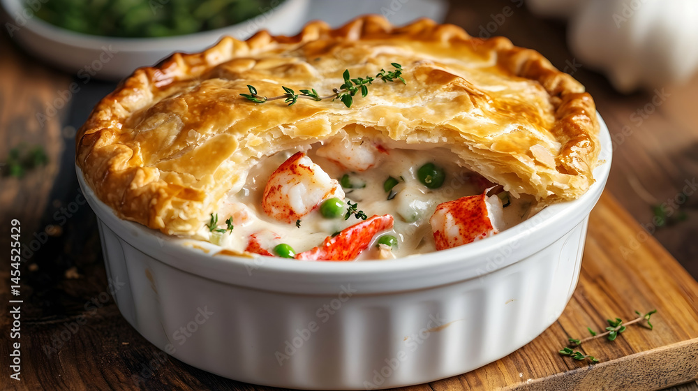 Delicious seafood pot pie with flaky crust and creamy filling on wooden surface Delicious seafood pot pie with flaky crust and creamy filling on wooden surface