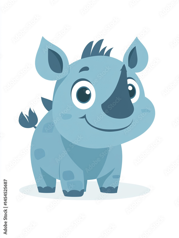 Fototapeta premium A cute cartoon baby rhino with big eyes, two horns, and a friendly expression. The blue rhino stands on a light grey shadow, making it visually appealing and charming.